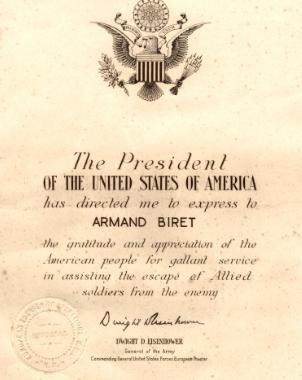Témoignage de gratitude du Président des USA, signé de Dwight D. Eisenhower